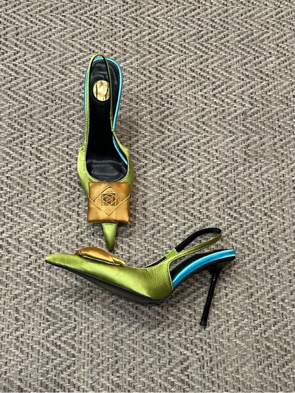 Green Satin Pointed Toe Heels with Brown Rosette - Picture 7 of 9